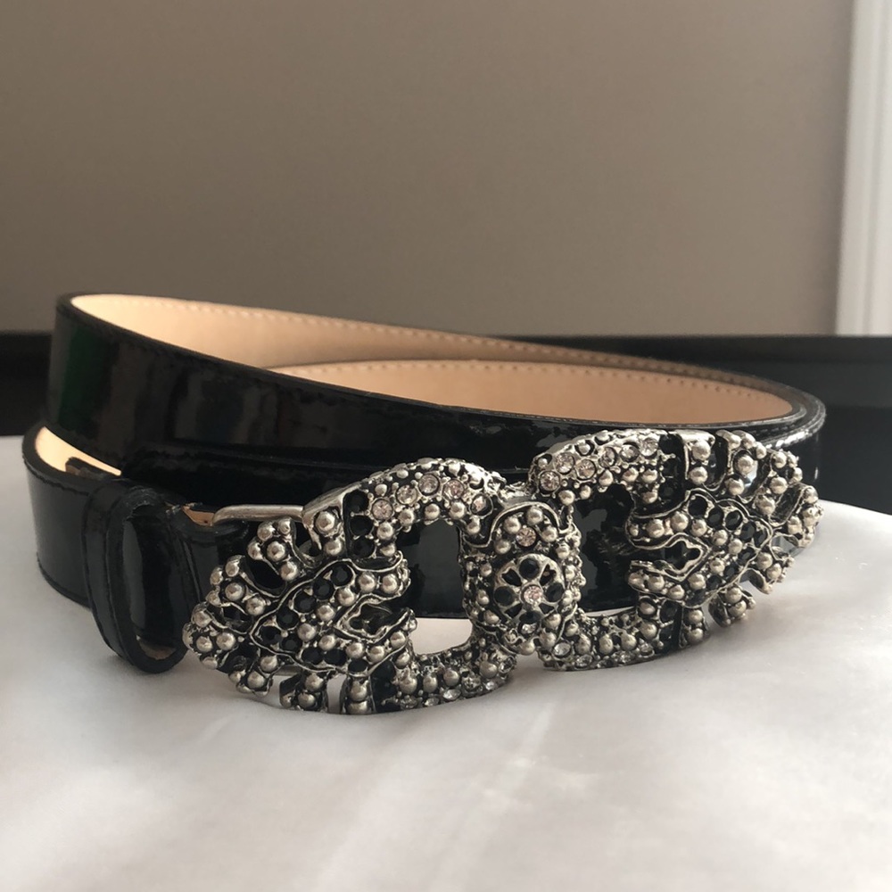 Leatherock women’s bling belt w black patent leather and gorgeous buckle sz L35